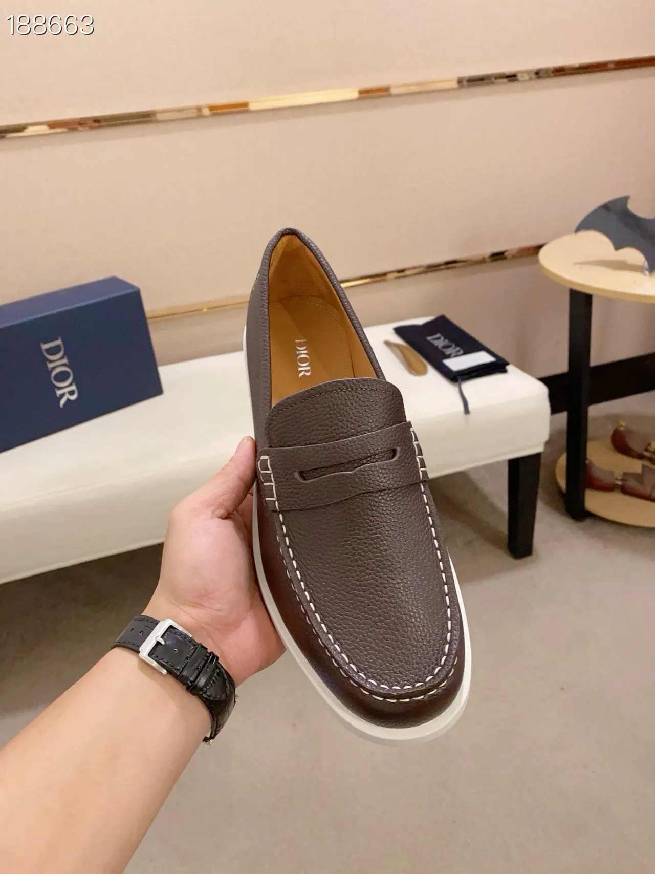 Brown White Pebbled Leather Penny Strap Loafer 7