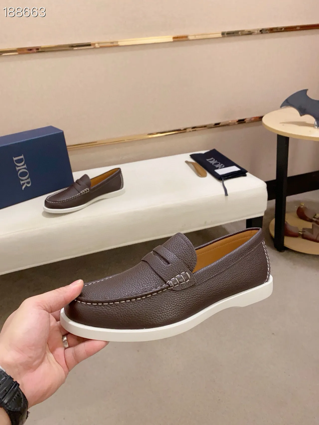 Brown White Pebbled Leather Penny Strap Loafer 8