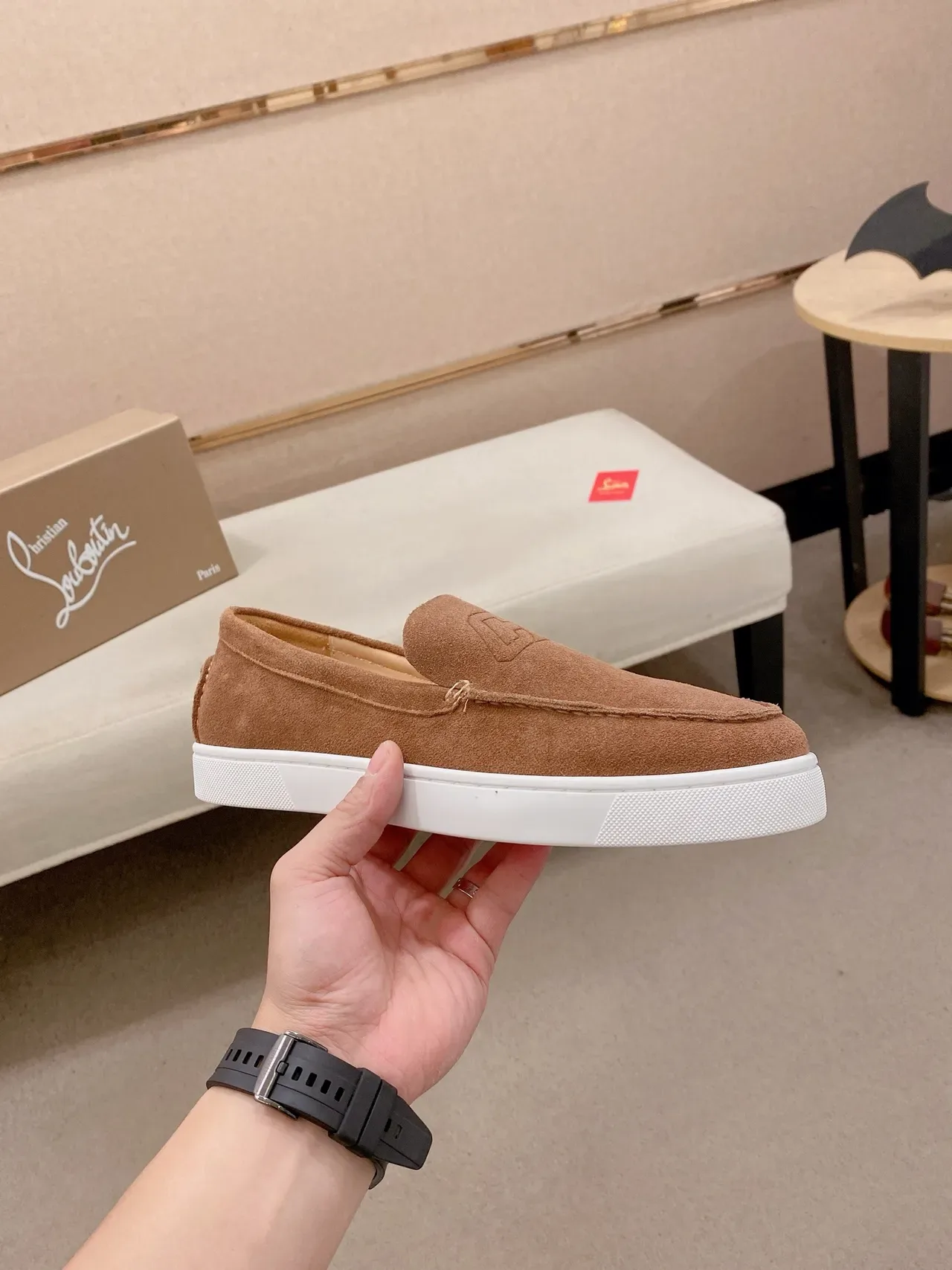 Brown White Suede Upper Rubber Sole Loafer 4