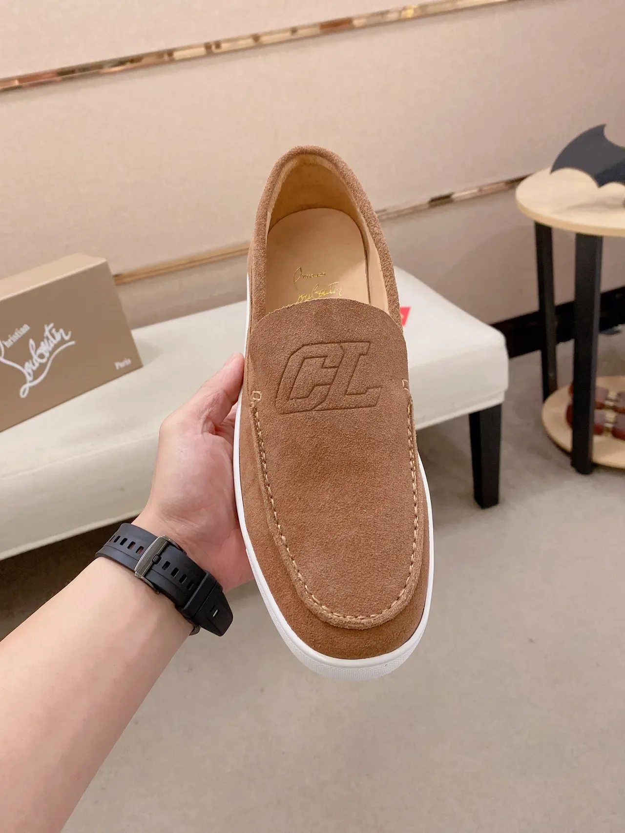 Brown White Suede Upper Rubber Sole Loafer 5