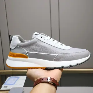Brunello Cucinelli Gray Orange Pebbled Leather Upper Sculpted White Midsole Lifestyle Sneakers