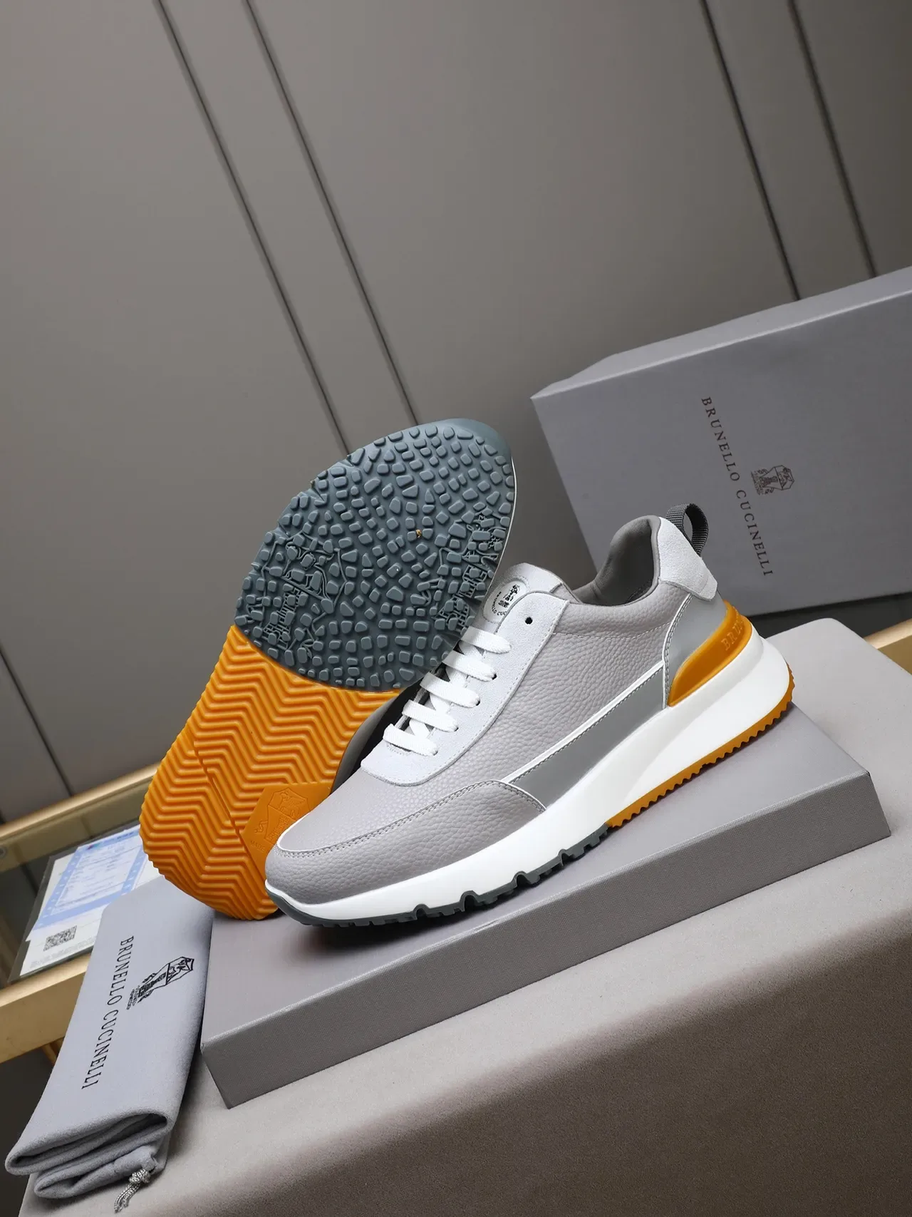 Brunello Cucinelli Gray Orange Pebbled Leather Upper Sculpted White Midsole Lifestyle Sneakers 4