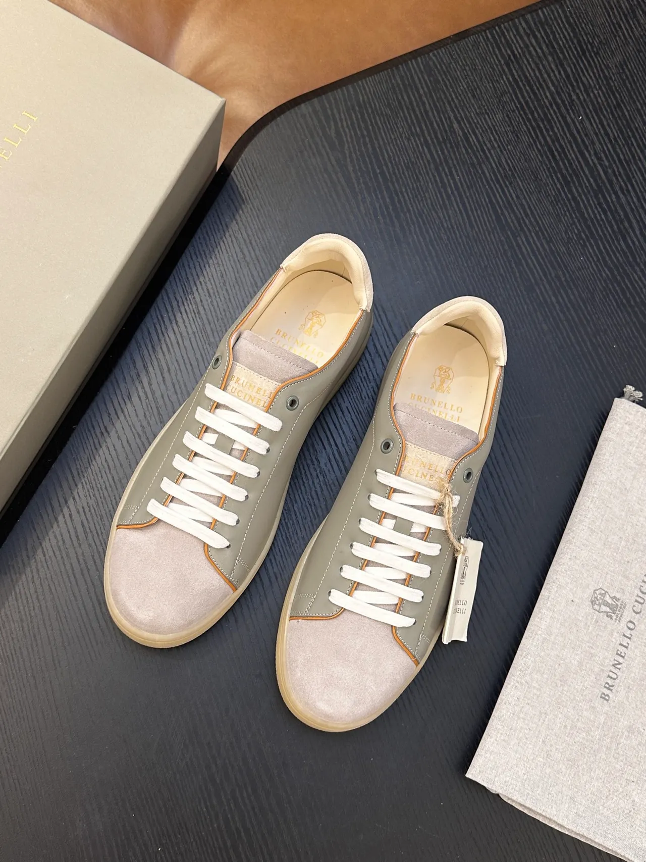 Brunello Cucinelli Gray Suede and Leather Low-Top Casual Shoe 3