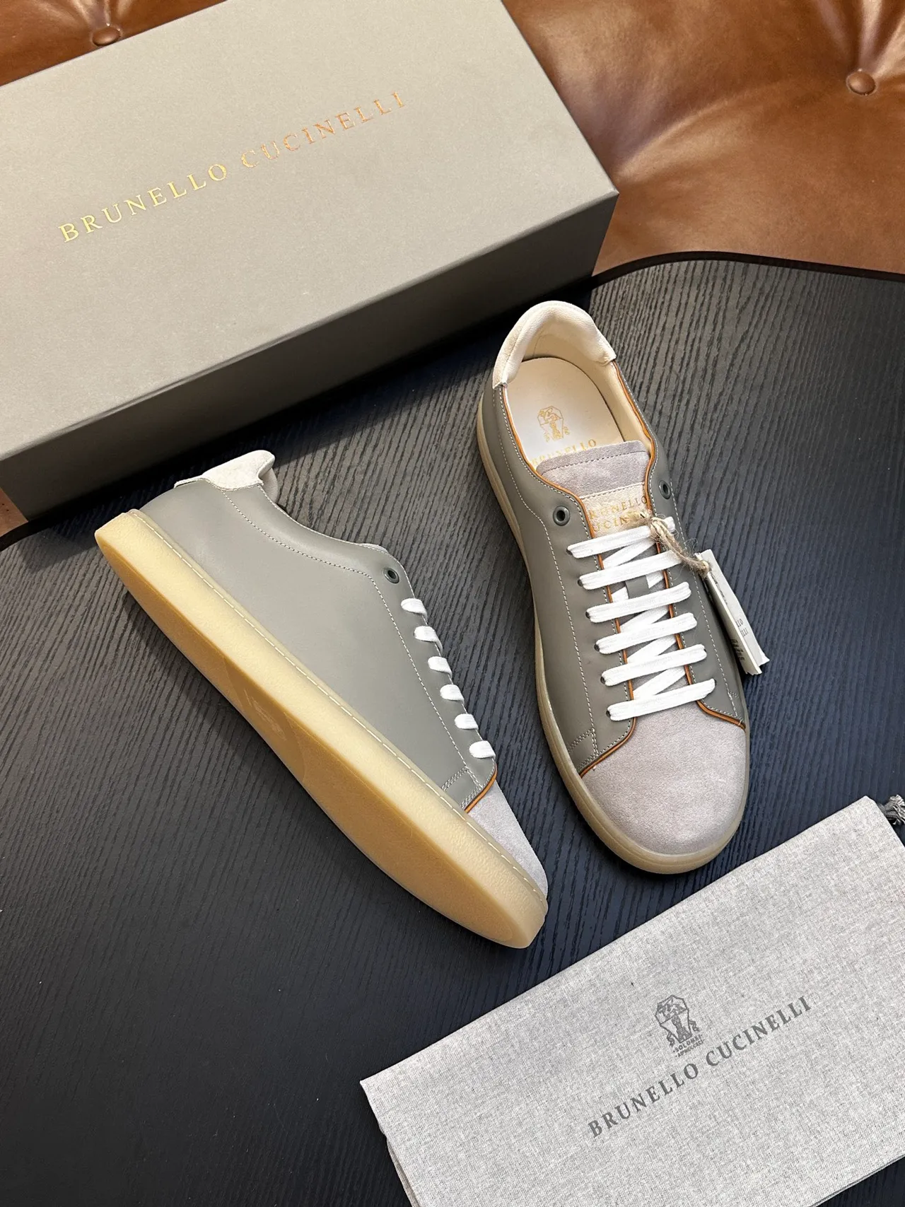 Brunello Cucinelli Gray Suede and Leather Low-Top Casual Shoe 4