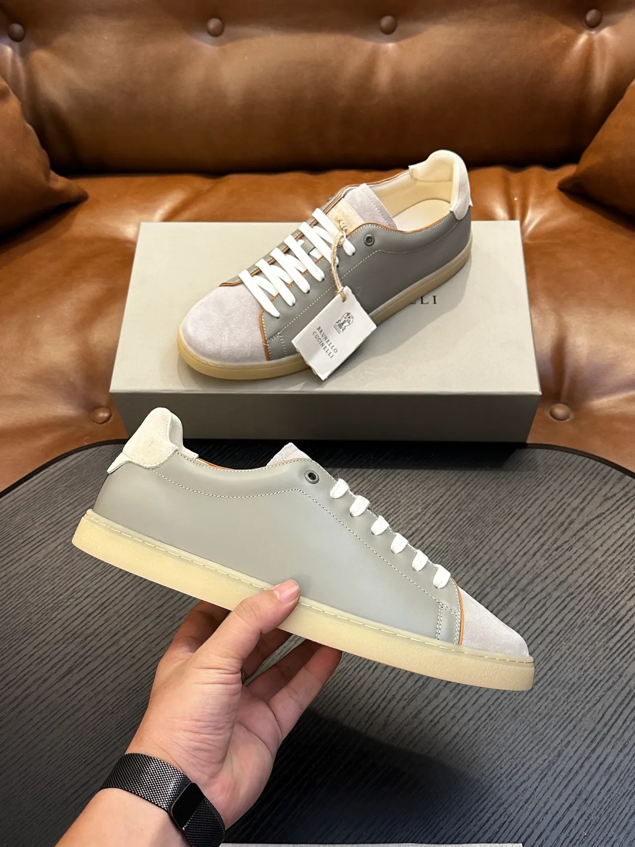 Brunello Cucinelli Gray Suede and Leather Low-Top Casual Shoe 5