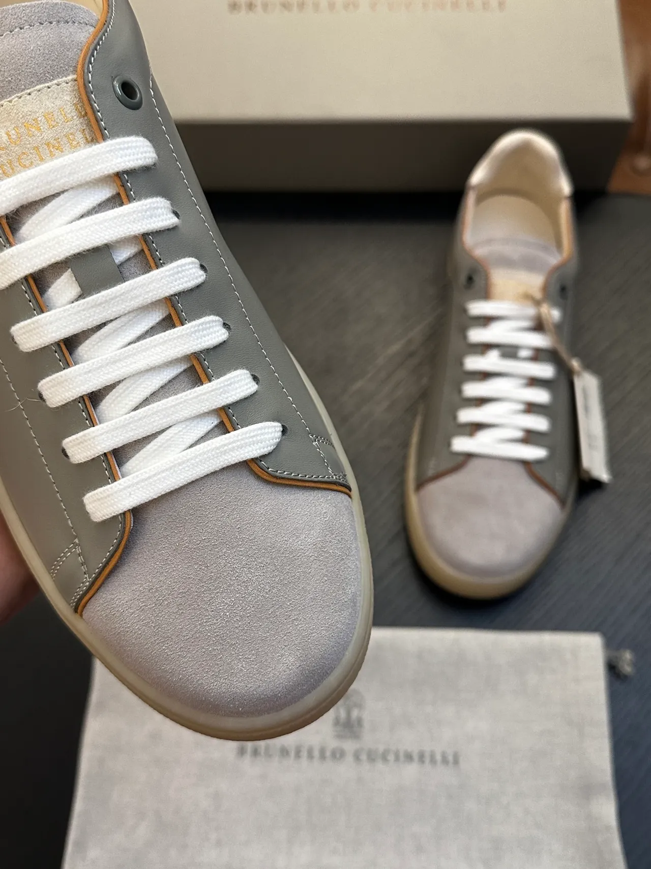 Brunello Cucinelli Gray Suede and Leather Low-Top Casual Shoe 6