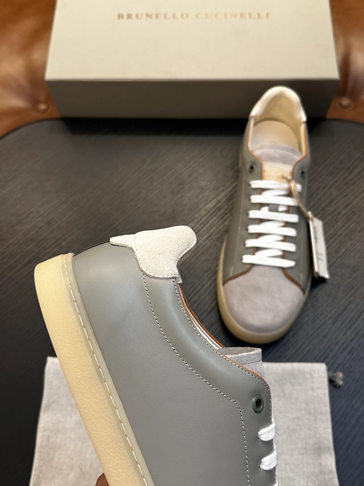 Brunello Cucinelli Gray Suede and Leather Low-Top Casual Shoe 7