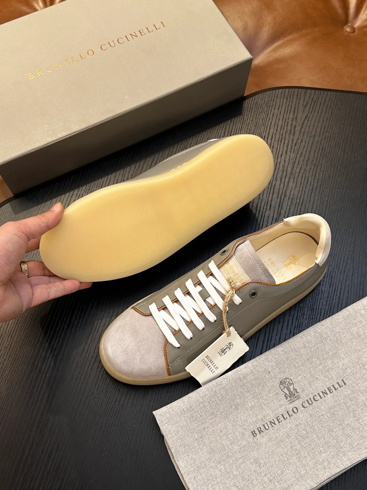 Brunello Cucinelli Gray Suede and Leather Low-Top Casual Shoe 9