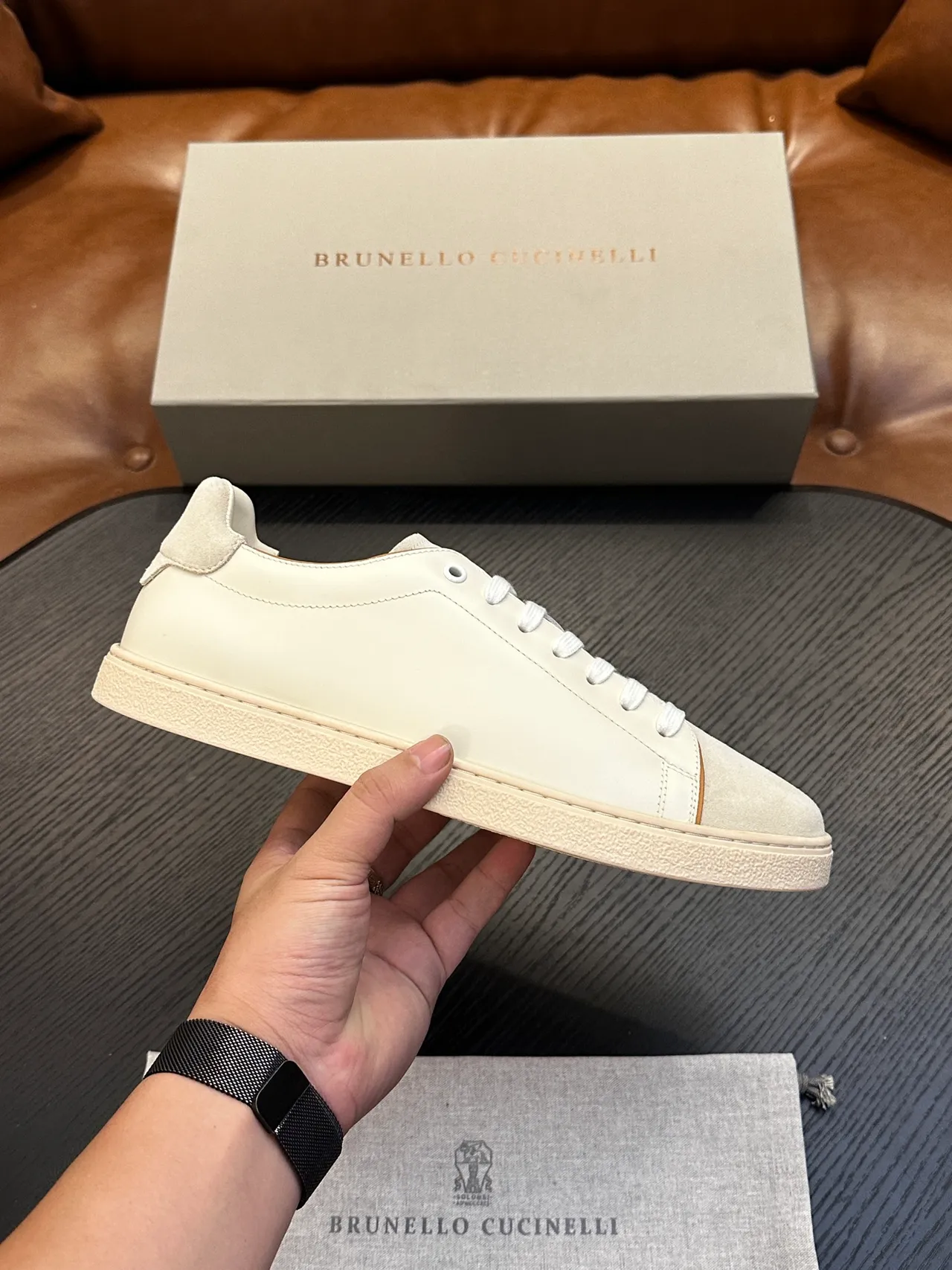 Brunello Cucinelli Off-White Leather-Suede Low-Top Casual Shoes 2