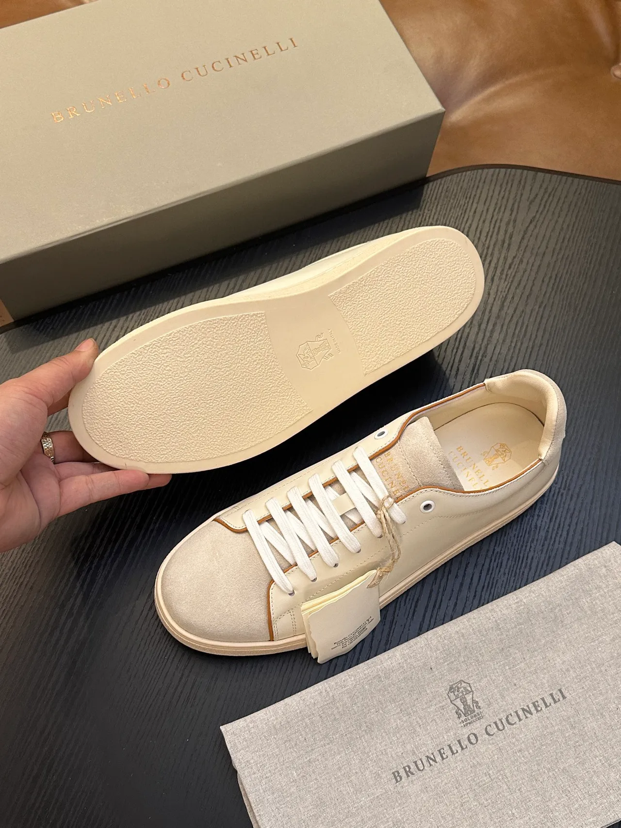 Brunello Cucinelli Off-White Leather-Suede Low-Top Casual Shoes 9
