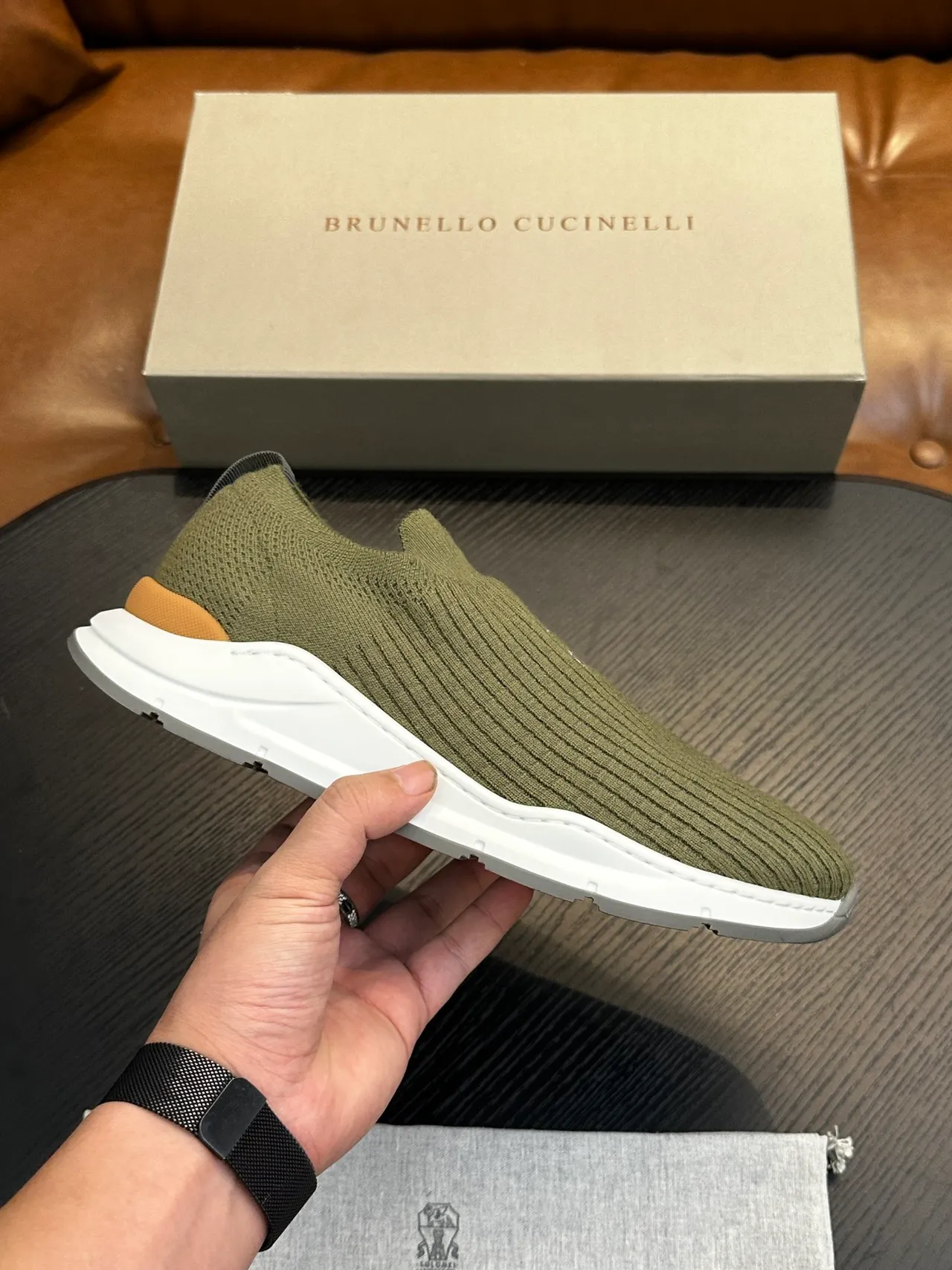 Brunello Cucinelli Olive Green Knit Slip-On Casual Shoe 2