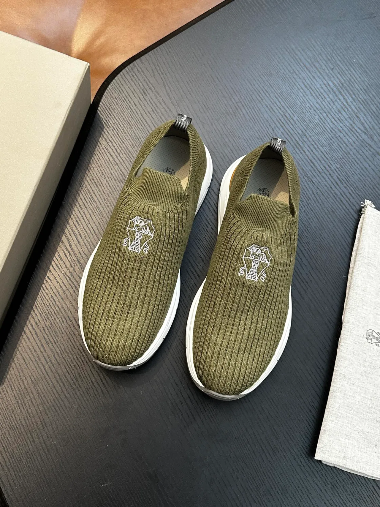 Brunello Cucinelli Olive Green Knit Slip-On Casual Shoe 3