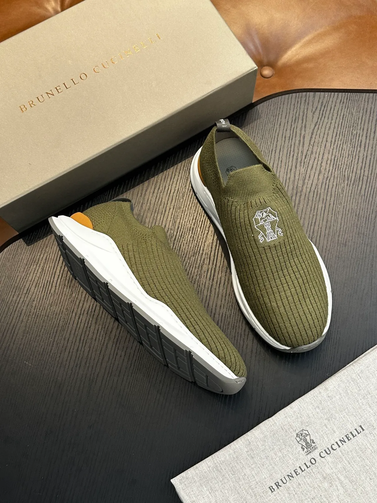 Brunello Cucinelli Olive Green Knit Slip-On Casual Shoe 4