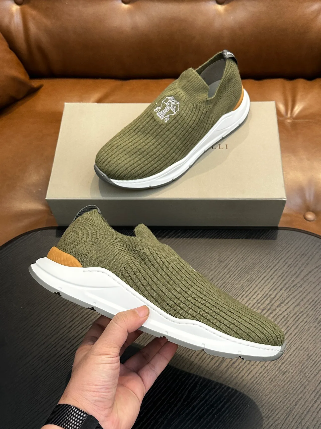 Brunello Cucinelli Olive Green Knit Slip-On Casual Shoe 5