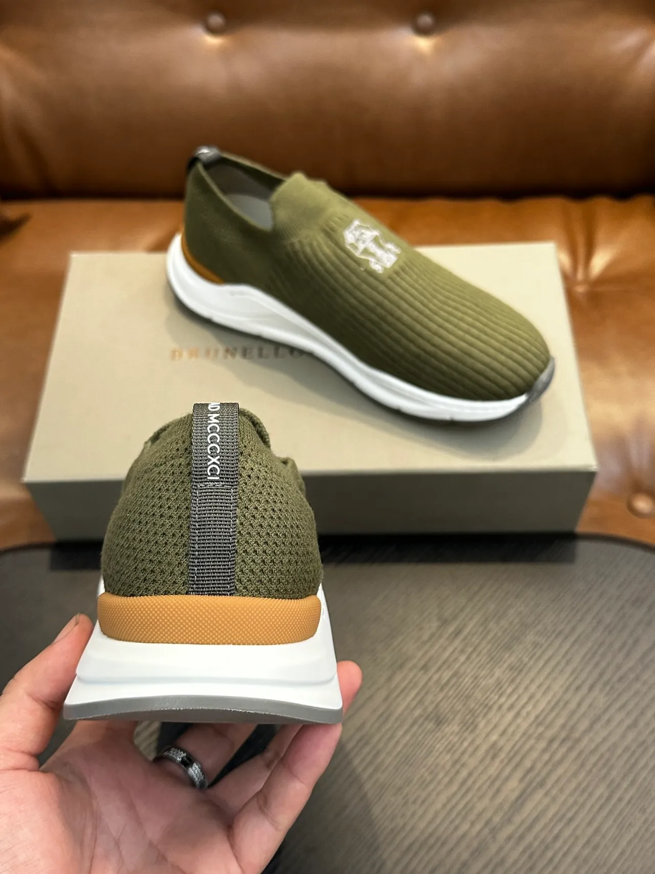 Brunello Cucinelli Olive Green Knit Slip-On Casual Shoe 8