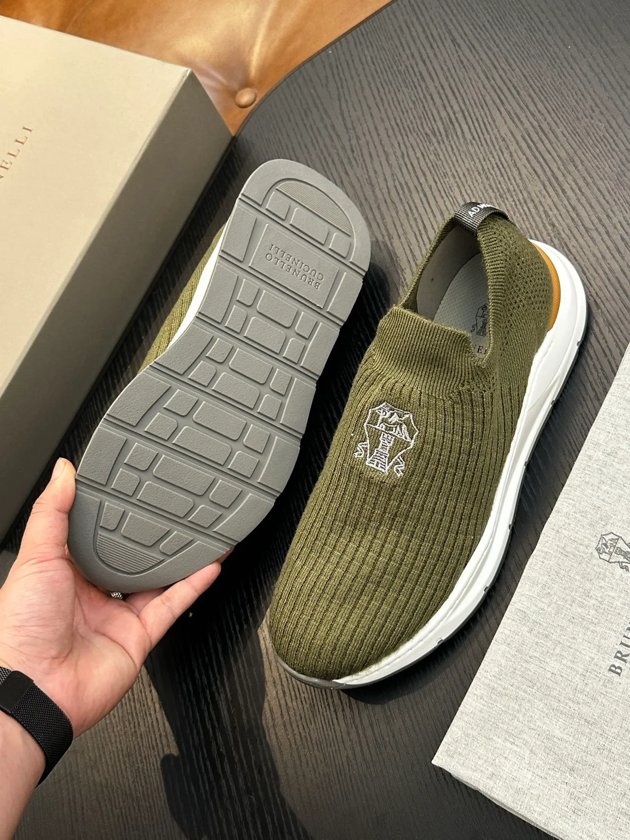 Brunello Cucinelli Olive Green Knit Slip-On Casual Shoe 9