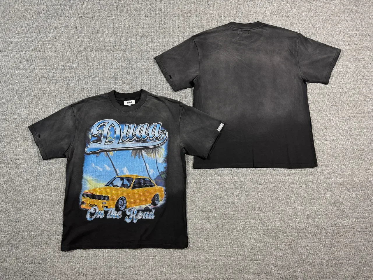 BUAA Acid-Wash Black Graphic Print Rhinestone Car T-Shirt 2