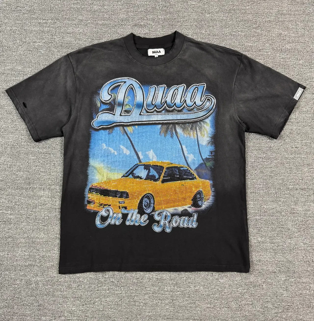 BUAA Acid-Wash Black Graphic Print Rhinestone Car T-Shirt 4