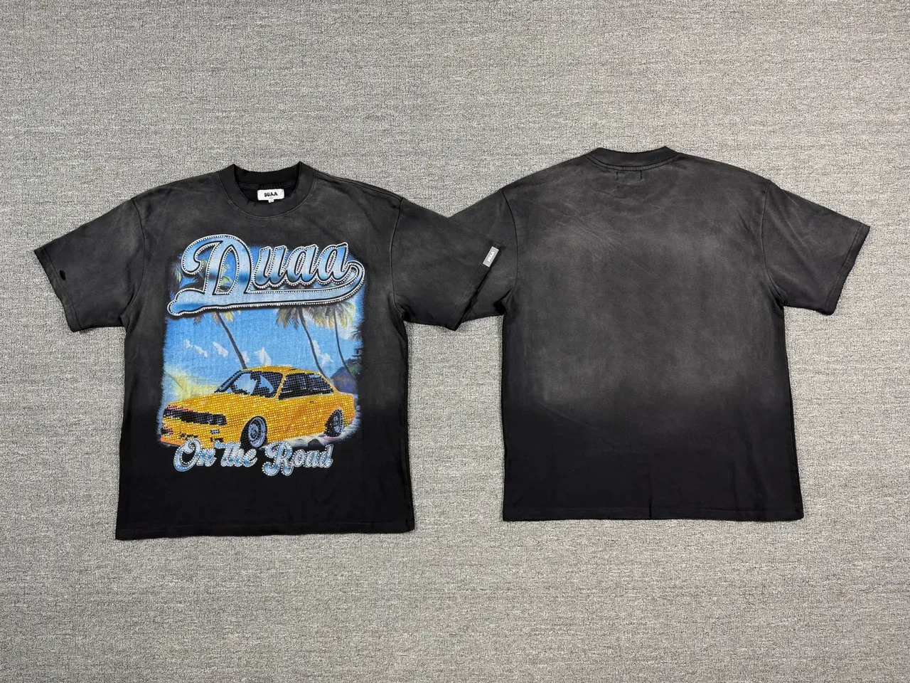 BUAA Acid-Wash Black Graphic Print Rhinestone Car T-Shirt 5