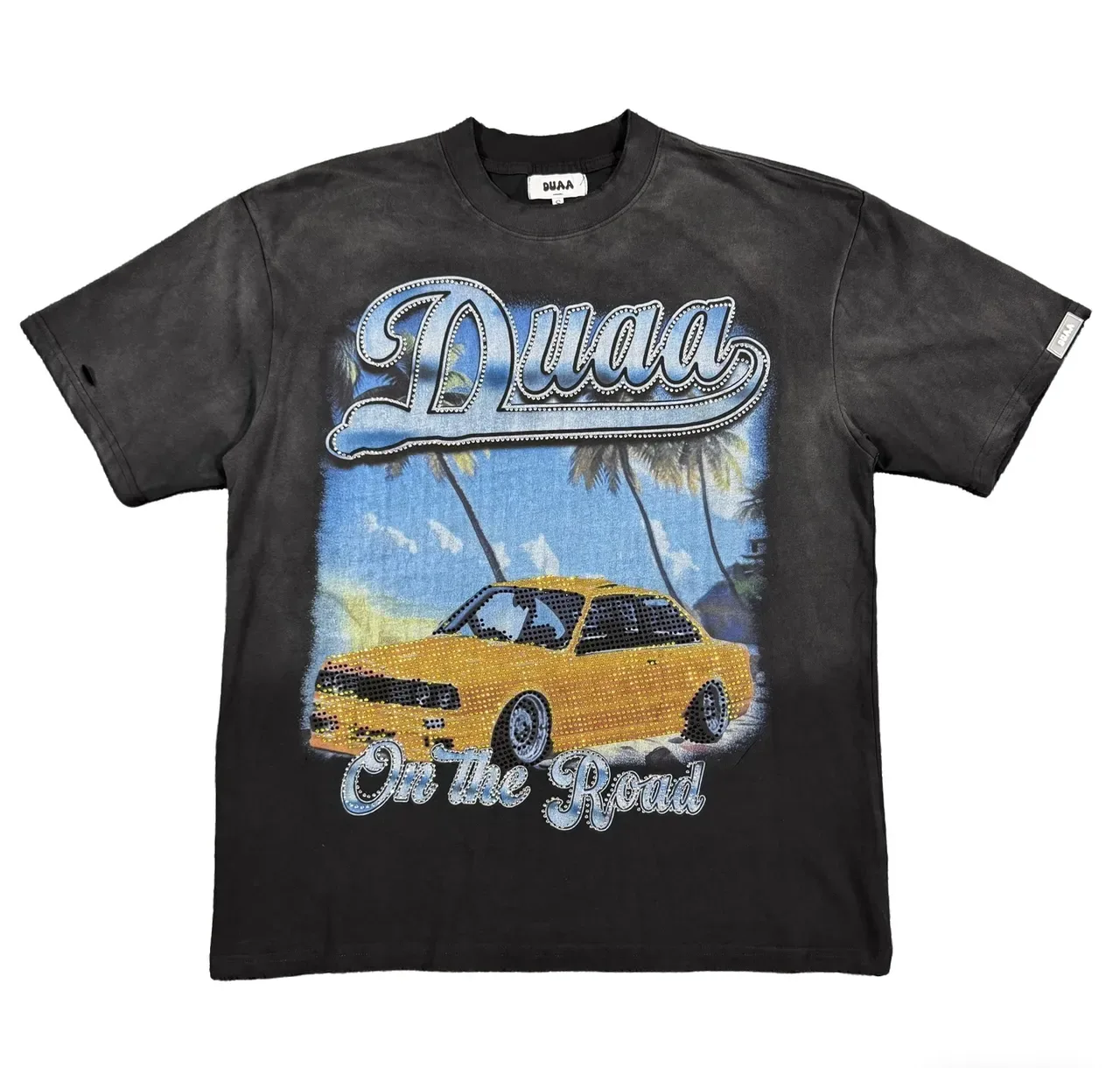 BUAA Acid-Wash Black Graphic Print Rhinestone Car T-Shirt 7