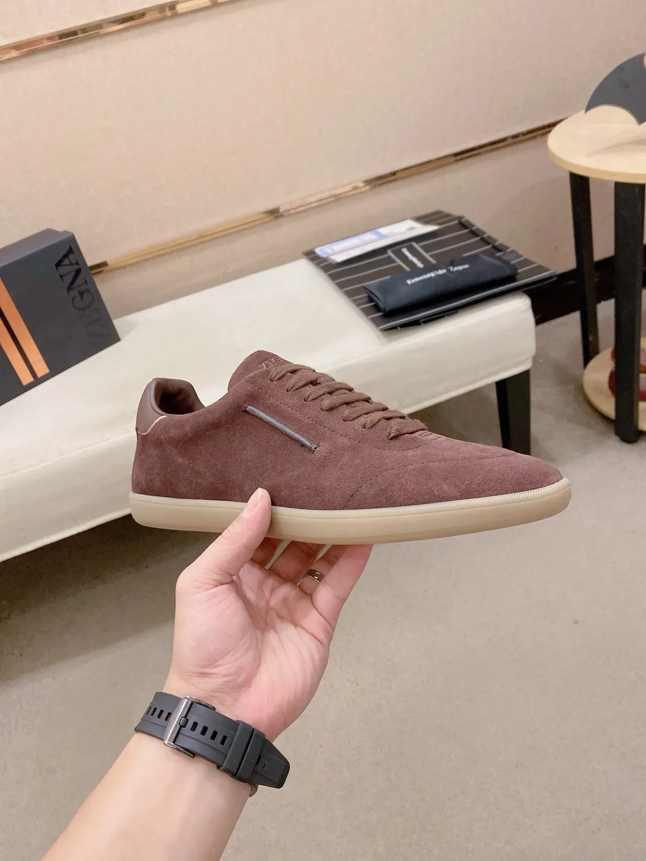 Burgundy Beige Suede Upper Low-Top Sneakers 6