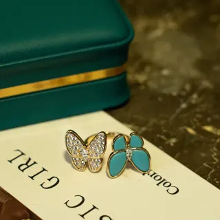 Butterfly Motif Pavé Crystal and Turquoise Enamel Rings