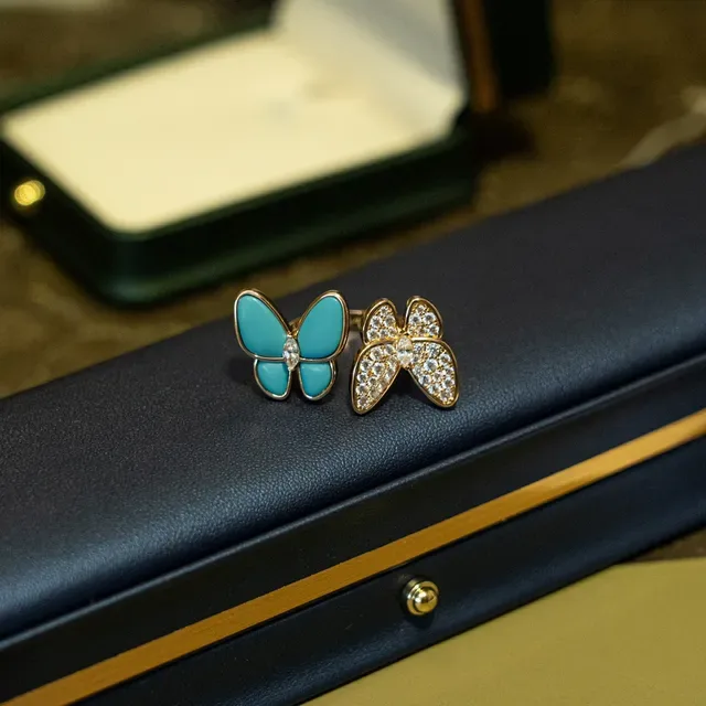 Butterfly Motif Pavé Crystal and Turquoise Enamel Rings 2