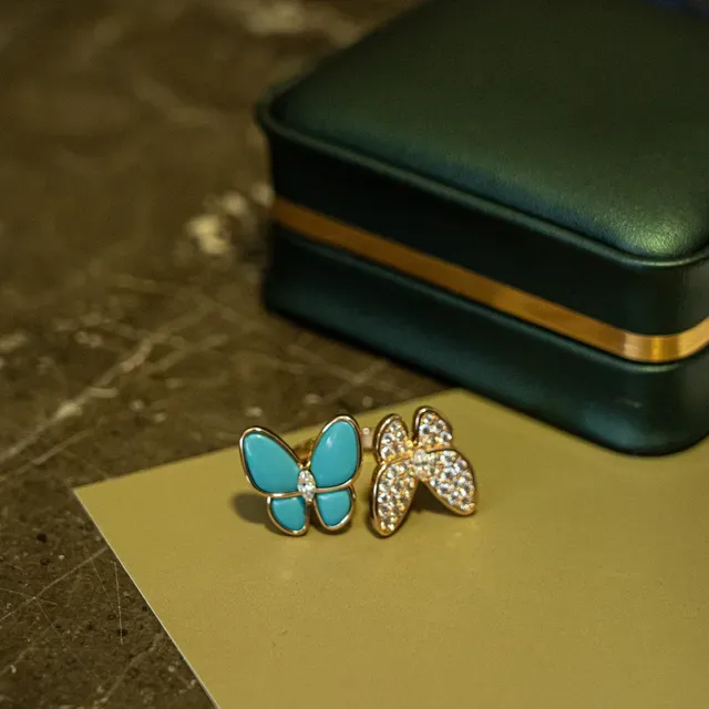 Butterfly Motif Pavé Crystal and Turquoise Enamel Rings 3