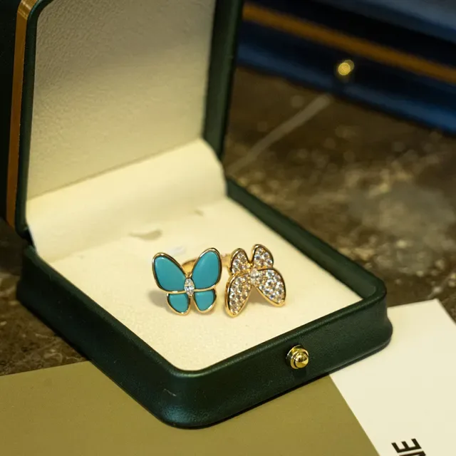 Butterfly Motif Pavé Crystal and Turquoise Enamel Rings 4