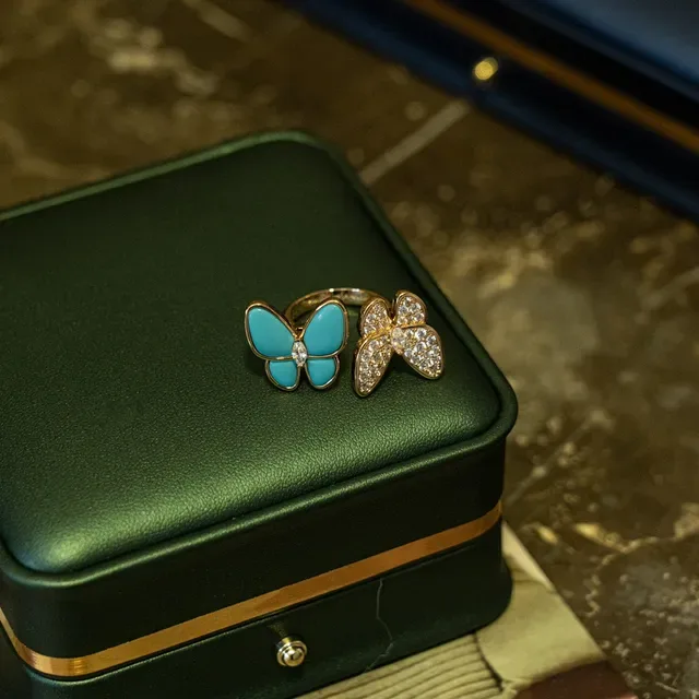 Butterfly Motif Pavé Crystal and Turquoise Enamel Rings 5