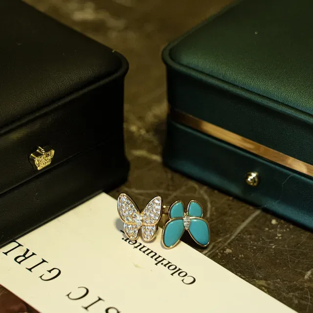 Butterfly Motif Pavé Crystal and Turquoise Enamel Rings 6