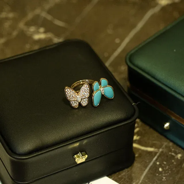 Butterfly Motif Pavé Crystal and Turquoise Enamel Rings 7