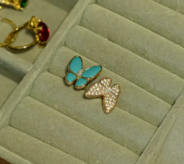 Butterfly Motif Pavé Crystal and Turquoise Enamel Rings 8