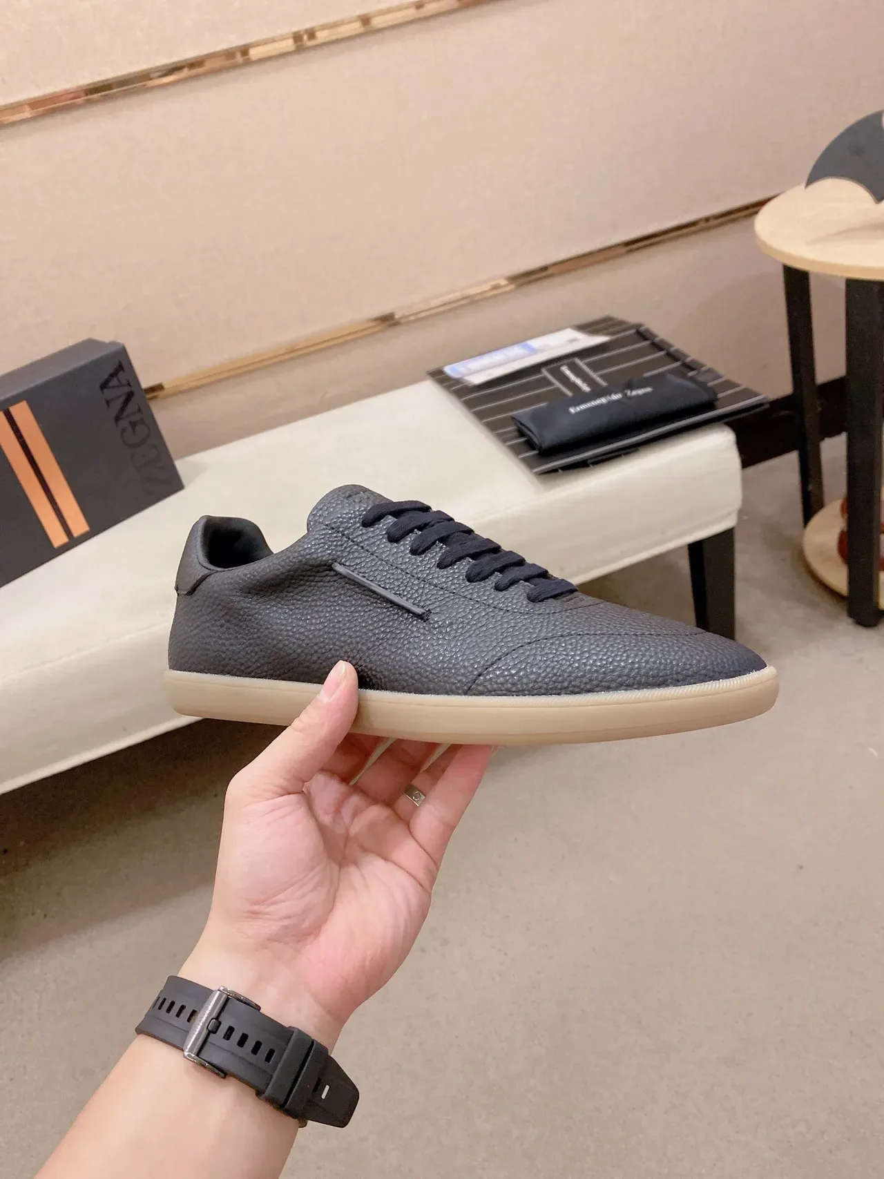 Charcoal Pebbled Leather Low-Top Lifestyle Sneaker 6
