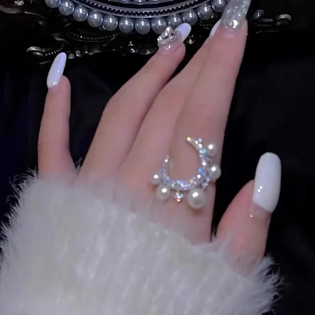 Crescent Moon Pearl and Crystal Open-Band Ring 2