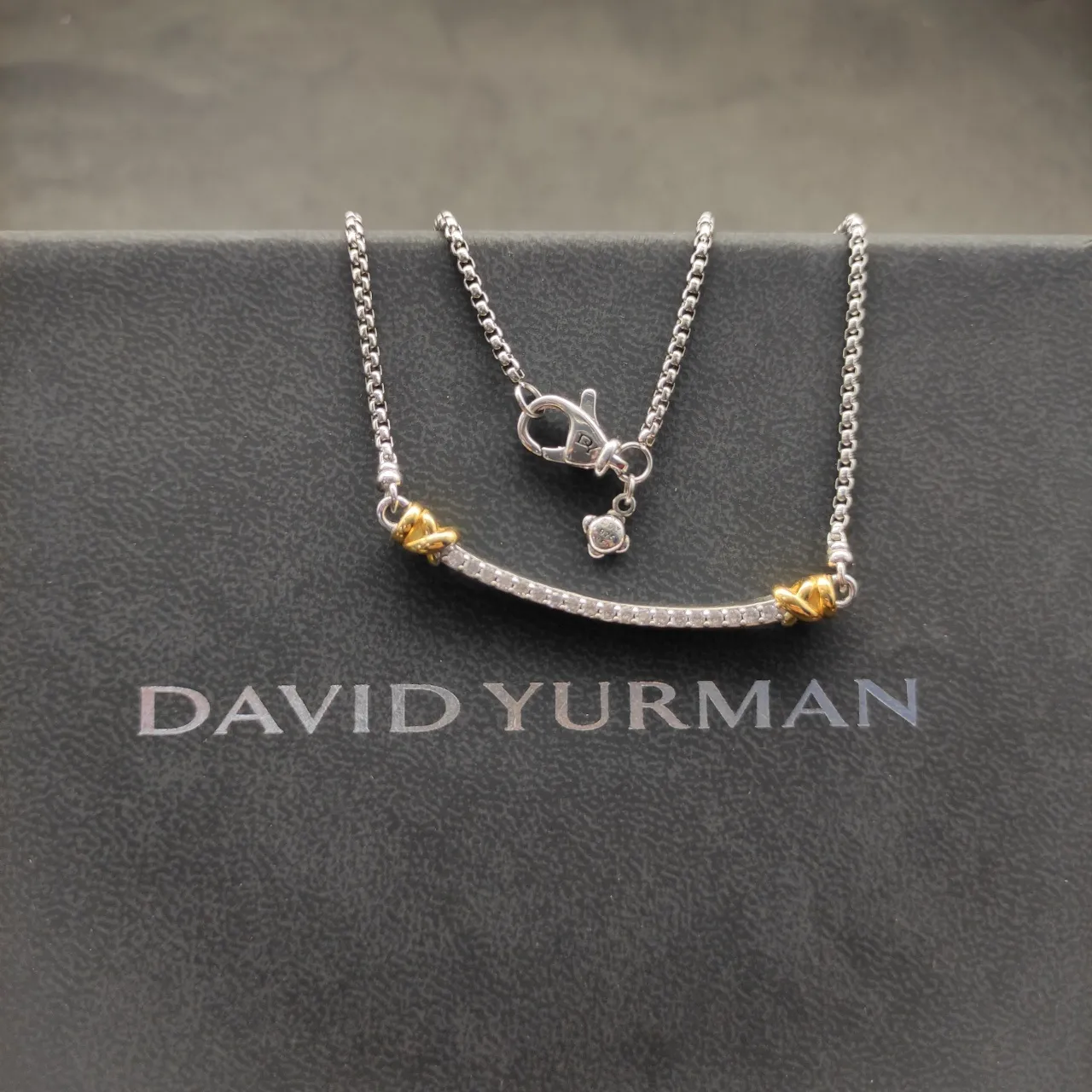 David Yurman Albion Bar Silver Gold Pavé-Set Pendant Two-Tone Necklace 2