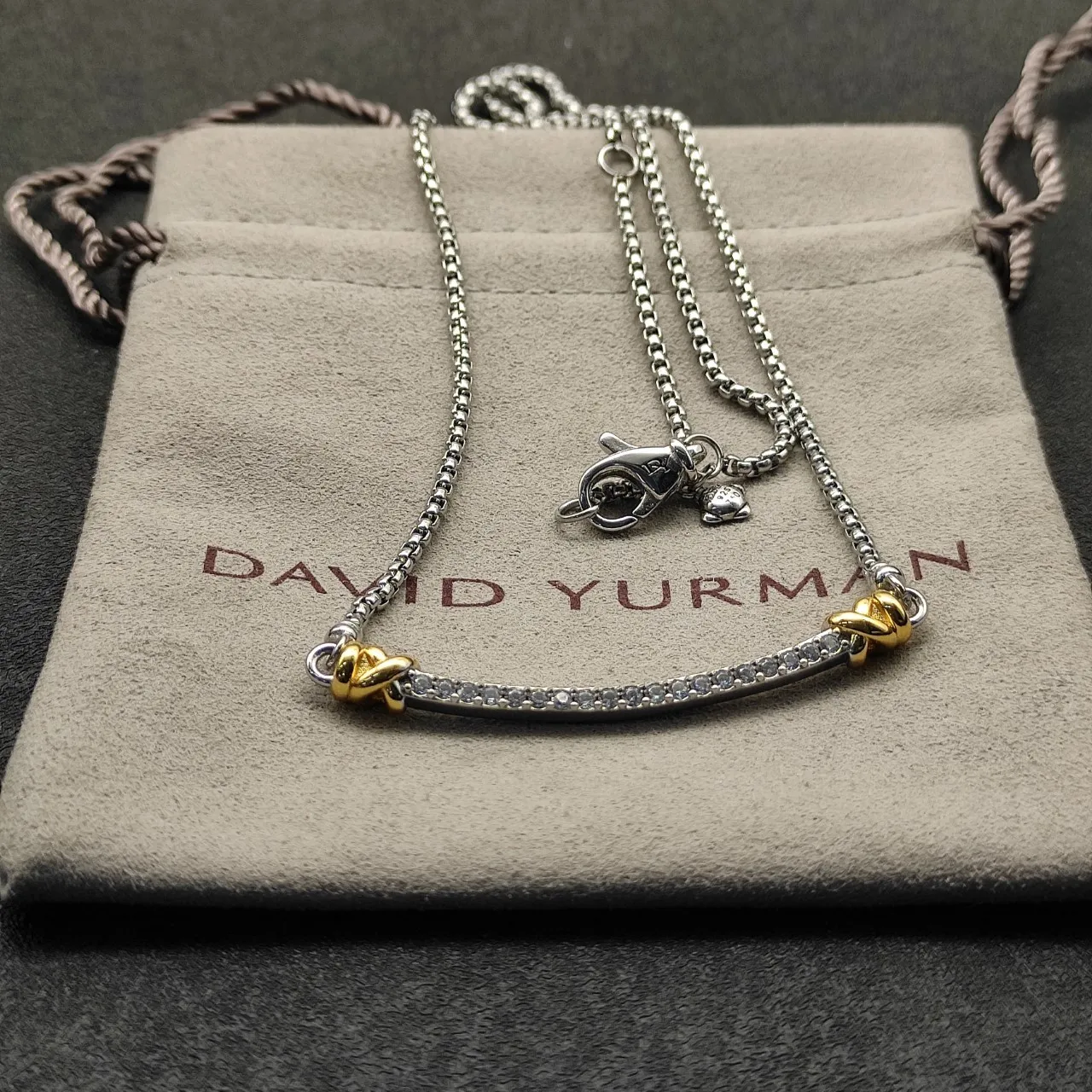 David Yurman Albion Bar Silver Gold Pavé-Set Pendant Two-Tone Necklace 4