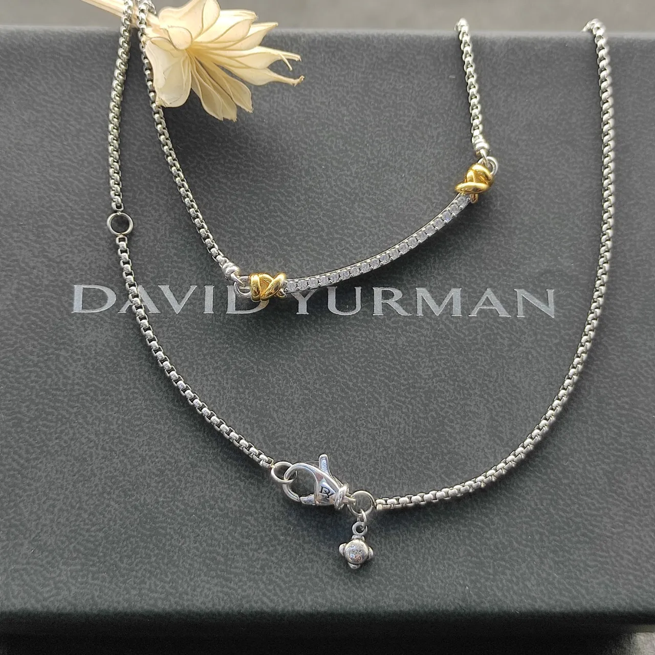 David Yurman Albion Bar Silver Gold Pavé-Set Pendant Two-Tone Necklace 7