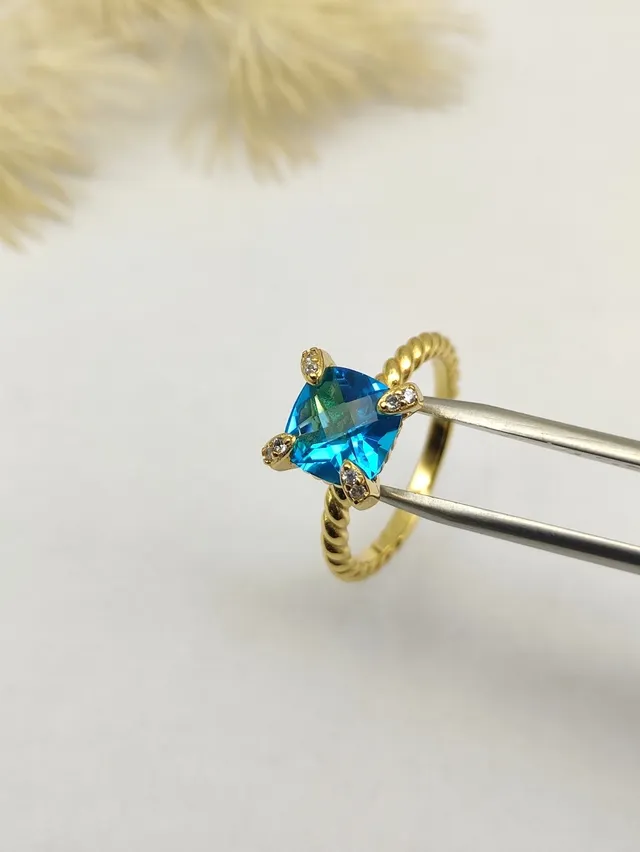 David Yurman Albion Gold Blue Twisted Cable Band Square-Cut Gemstone Ring 5