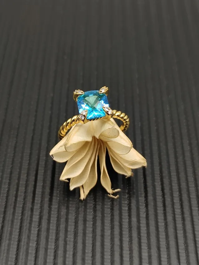 David Yurman Albion Gold Blue Twisted Cable Band Square-Cut Gemstone Ring 6