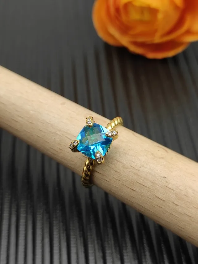 David Yurman Albion Gold Blue Twisted Cable Band Square-Cut Gemstone Ring 8