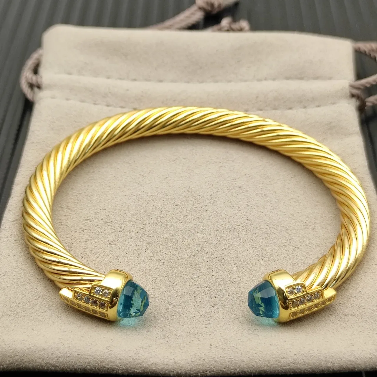 David Yurman Cable Classics Gold Blue Twisted Gemstone Terminals Bracelet 8