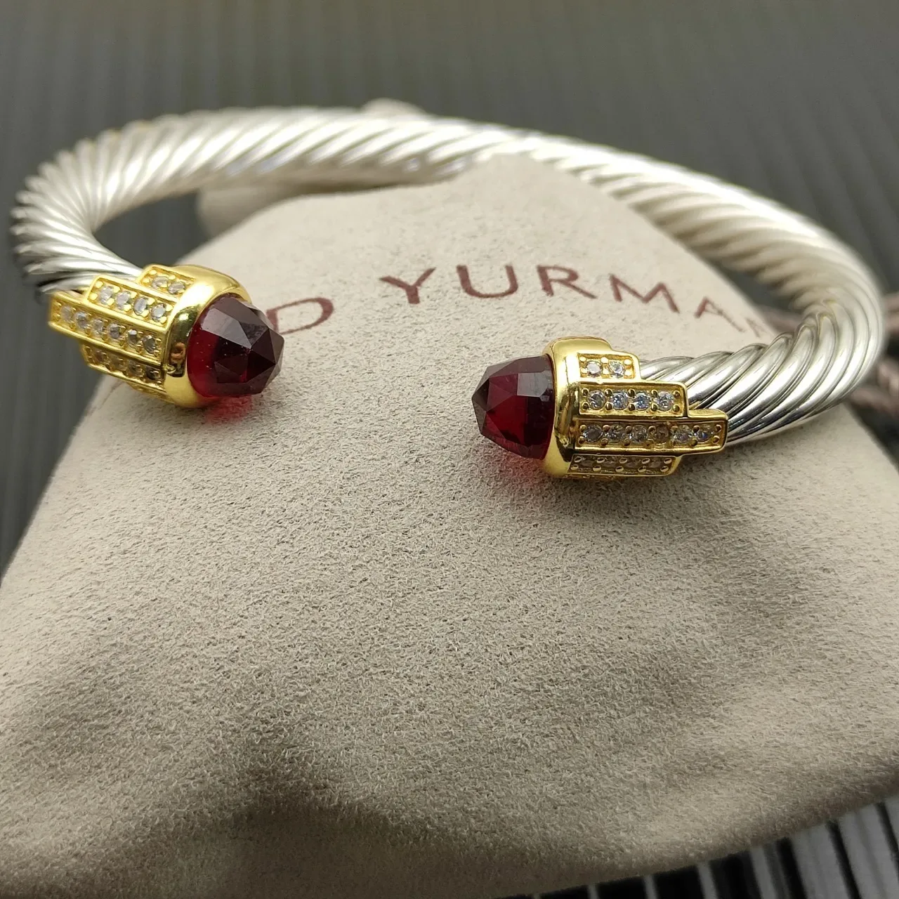 David Yurman Cable Classics Twisted Silver and Gold Garnet Bracelet 6
