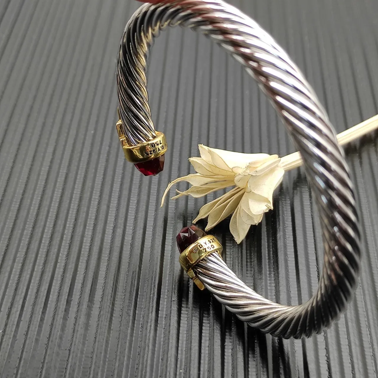 David Yurman Cable Classics Twisted Silver and Gold Garnet Bracelet 7