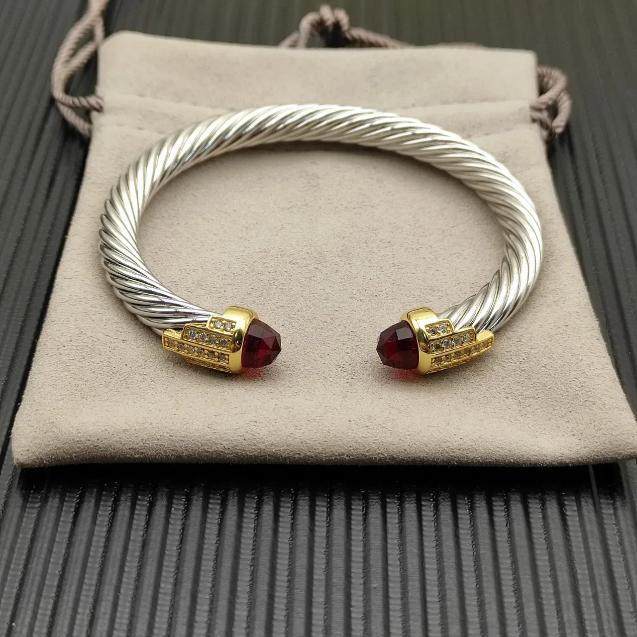 David Yurman Cable Classics Twisted Silver and Gold Garnet Bracelet 8
