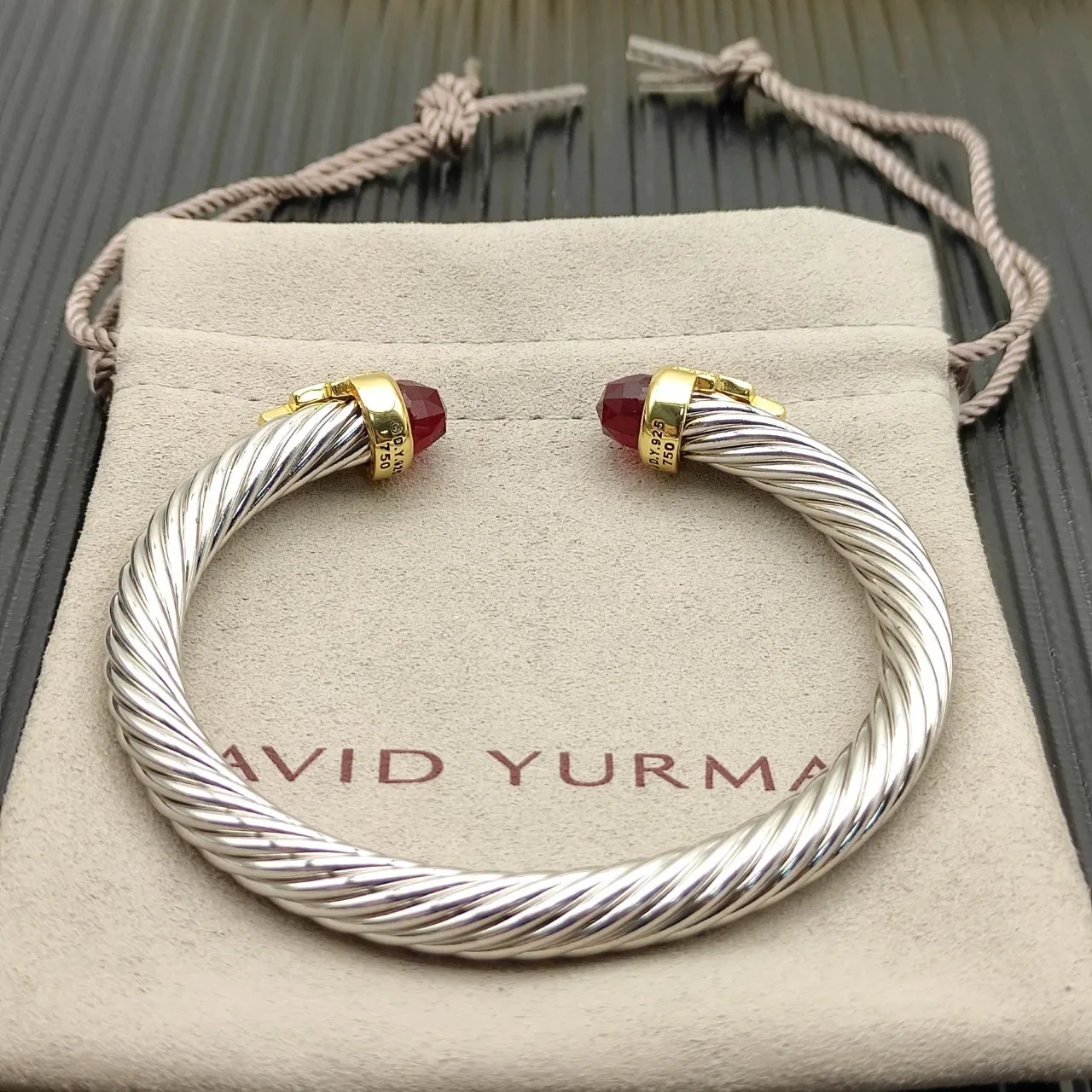 David Yurman Cable Classics Twisted Silver and Gold Garnet Bracelet 9