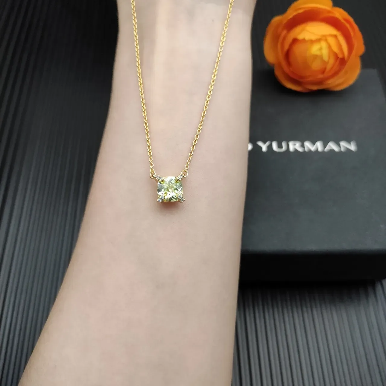 David Yurman Gold Yellow Chain Cushion-Cut Gemstone Necklace 4