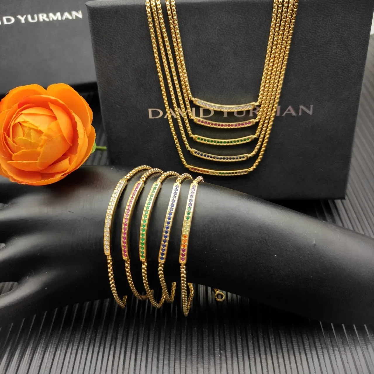 David Yurman Rainbow Gemstone Bar Pendant Necklace 3