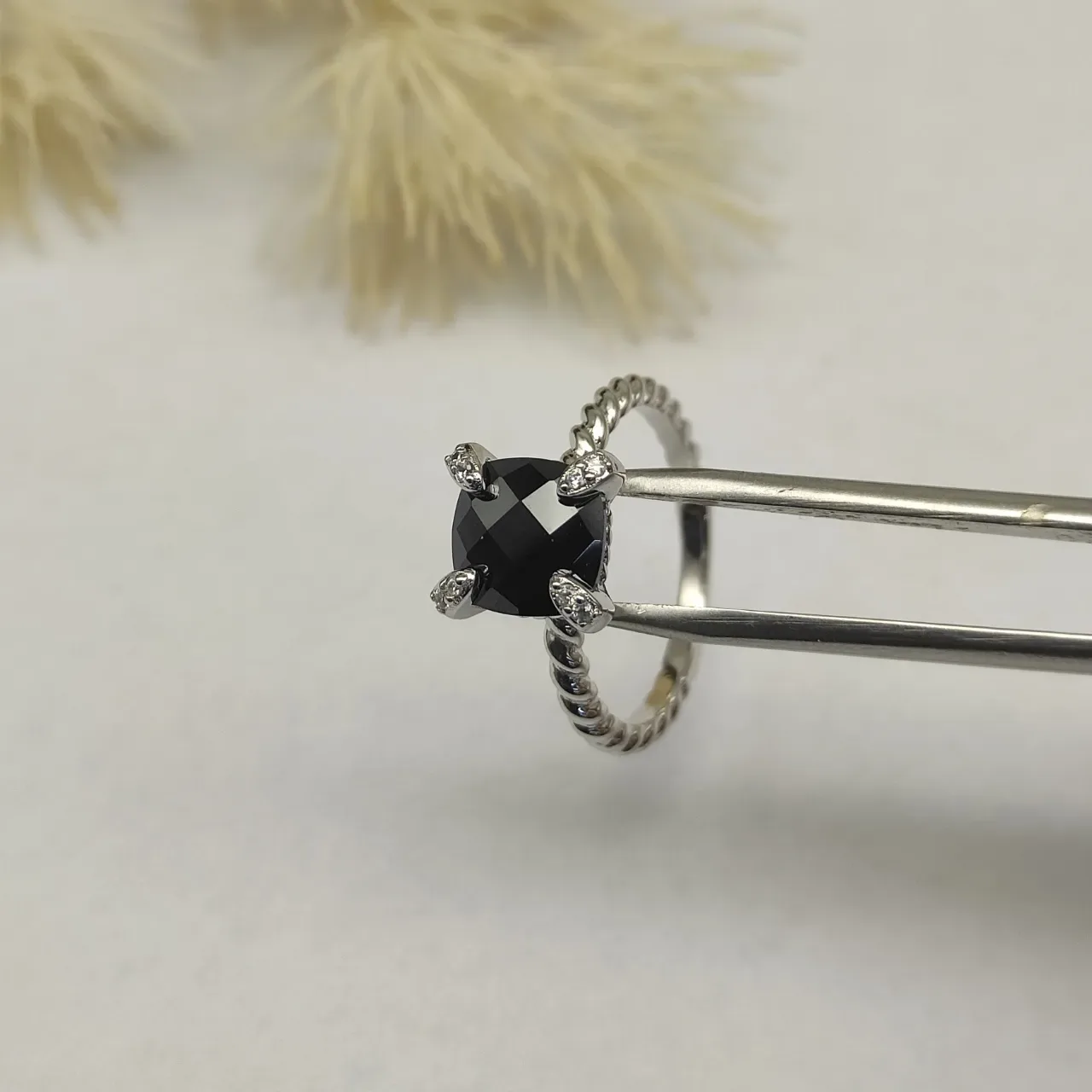 David Yurman Silver Black Twisted Cable Band Square Center Stone Ring 5