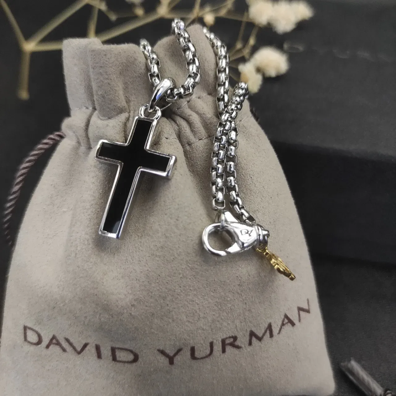 David Yurman Silver Gold Textured Cross Pendant Cable-Link Chain Necklace 6
